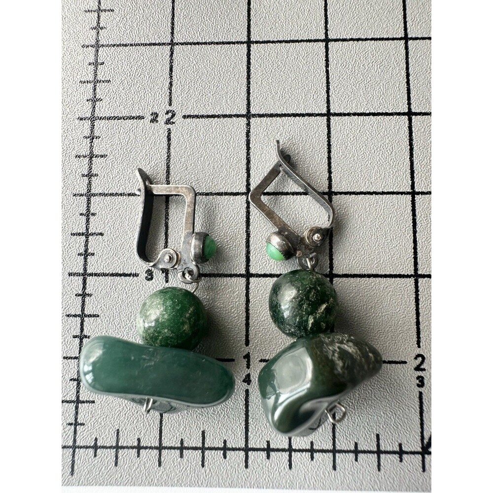 Vintage Sterling Silver Natural Green Gemstone Earrings - Picture 3 of 7